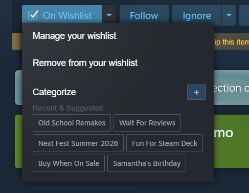 Dropdown Menü der Wishlisten-Kategorien der Store Ansichtsseite