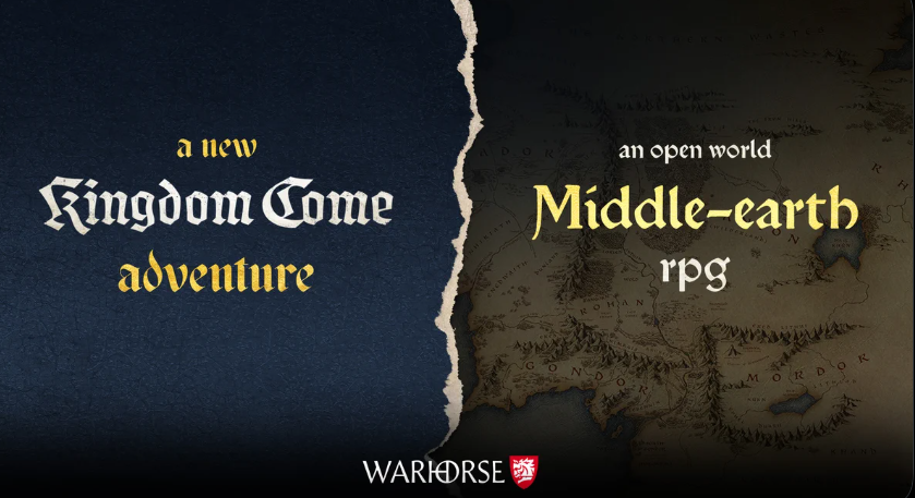 Grafik des Announcements zum Erscheinen von einem neuen Kingdom Come Abenteuer, sowie einem Open World Mittelerde RPGs von Warhorse Studios