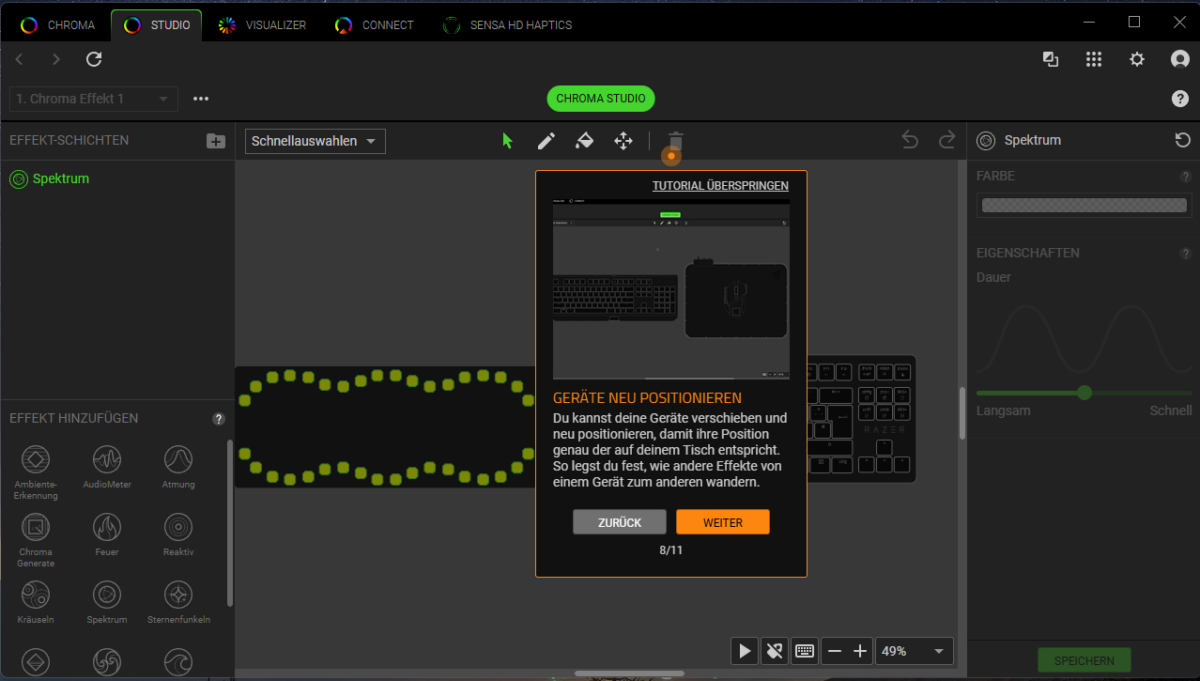 Screenshot der Razer Chroma Software - Studio Effektübergänge