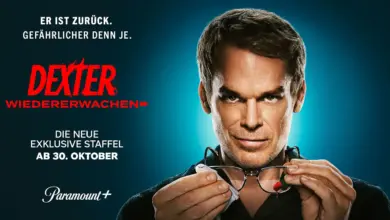 Key Art zur zweiten Staffel der Serie Dexter: Resurrection von Paramount + mit Text und Dexter Morgan im Vordergrund