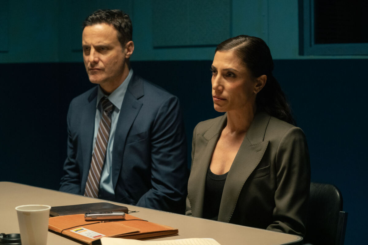 Dominic Fumusa as Detective Melvin Oliva and Kadia Saraf as Detective Claudette Wallace in Dexter: Resurrection, episode 1, season 2