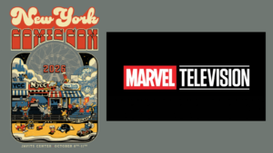 Eine Collage der beiden Logos der New York Comic Con 2026 und des Logos von Marvel Television