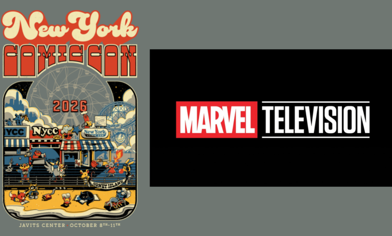 Eine Collage der beiden Logos der New York Comic Con 2026 und des Logos von Marvel Television
