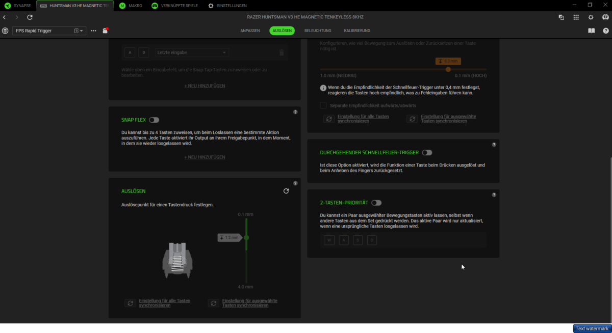 Screenshot Razer Synapse Software - Einstellung Auslösepunkt